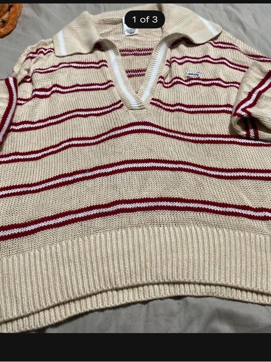 PINK Victoria's Secret Sweaters - PINK Victoria's Secret Cream V-Neck Sweater with Red Stripes